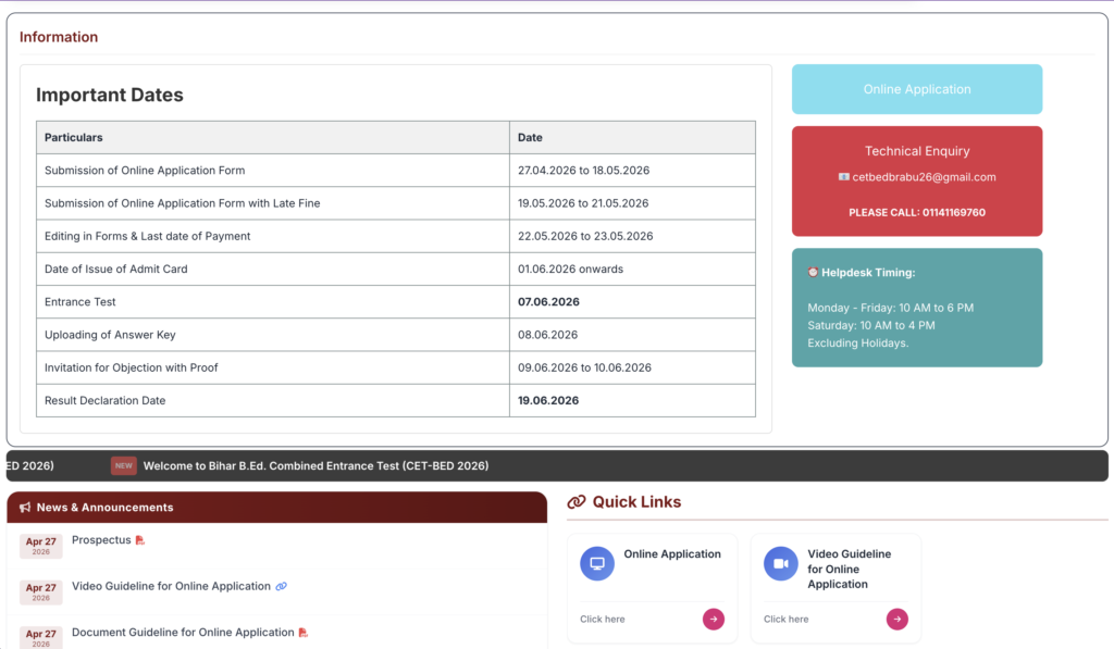 Bihar CET B.Ed Online Form 2026